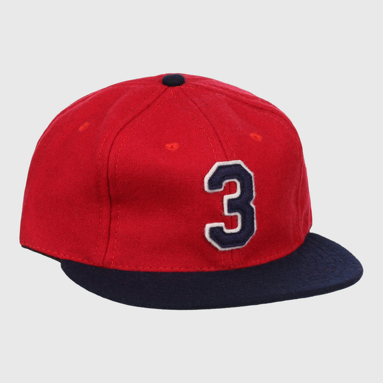 The Ebbets Field Flannels Harmon Killebrew Signature Series Ballcap is a vintage-style red wool cap with a dark blue brim and a bold white and blue number 3, inspired by classic Killebrew designs.