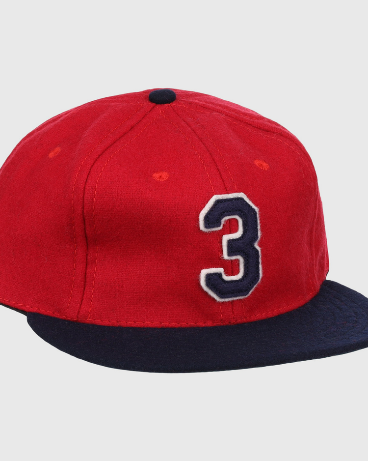 The Ebbets Field Flannels Harmon Killebrew Signature Series Ballcap is a vintage-style red wool cap with a dark blue brim and a bold white and blue number 3, inspired by classic Killebrew designs.