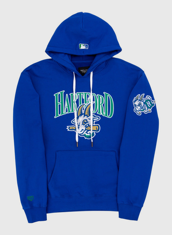 The Ebbets Field Hartford Yard Goats MiLB Cotton Hooded Sweatshirt is blue, features a cartoon rabbit logo and 