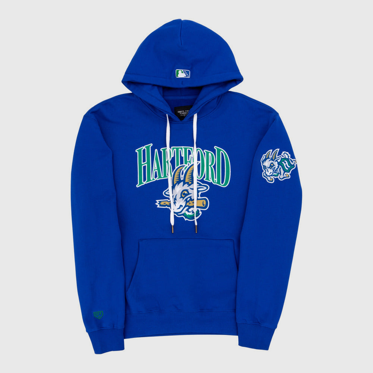 The Ebbets Field Hartford Yard Goats MiLB Cotton Hooded Sweatshirt is blue, features a cartoon rabbit logo and 
