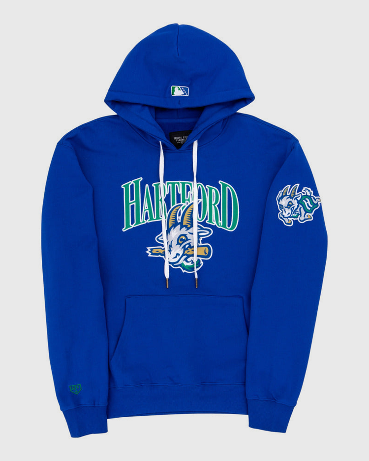 The Ebbets Field Hartford Yard Goats MiLB Cotton Hooded Sweatshirt is blue, features a cartoon rabbit logo and 