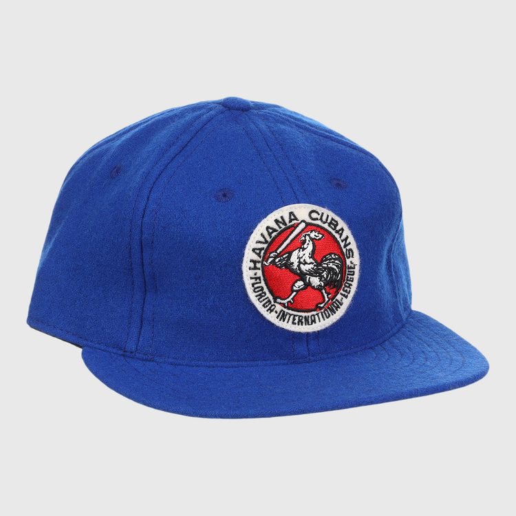 The Havana Cubans Letterhead Wool Vintage Ballcap by EFF is a royal blue cap featuring a round rooster patch with Havana Cubans and Honor-International League text—a classic Minor League baseball hat.