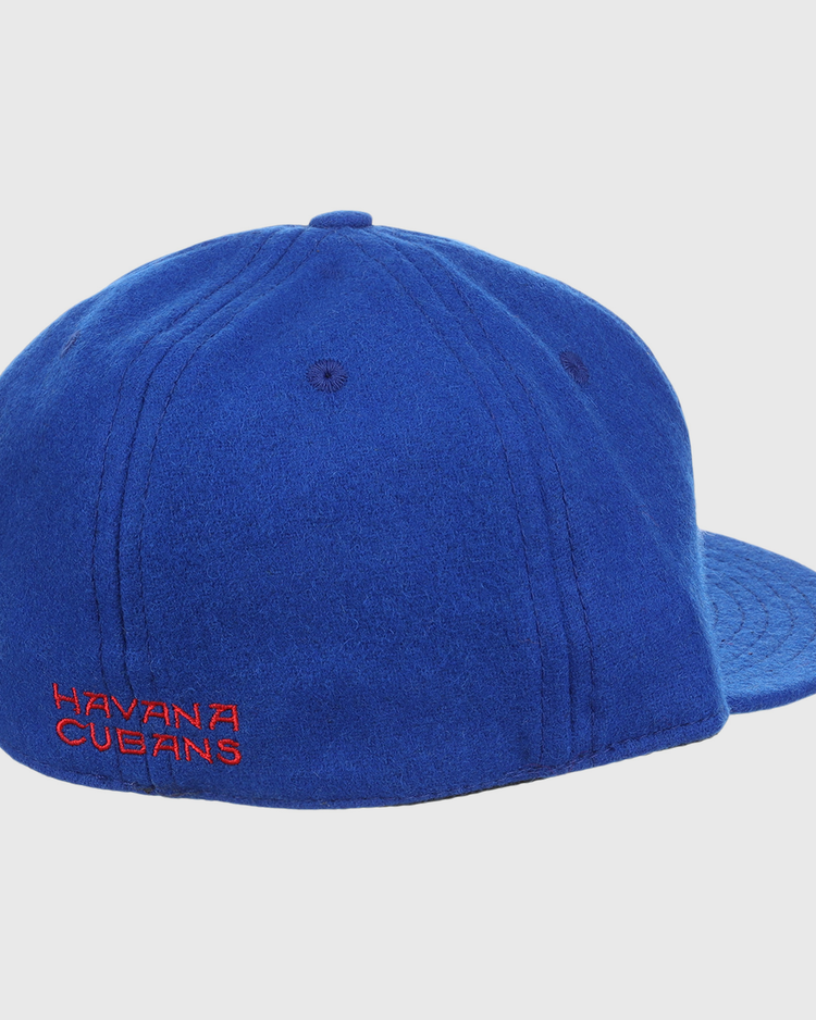 The EFF Havana Cubans Letterhead Wool Vintage Ballcap is shown from the rear, featuring royal blue wool and HAVANA CUBANS embroidered in red on the back left side against a white background.