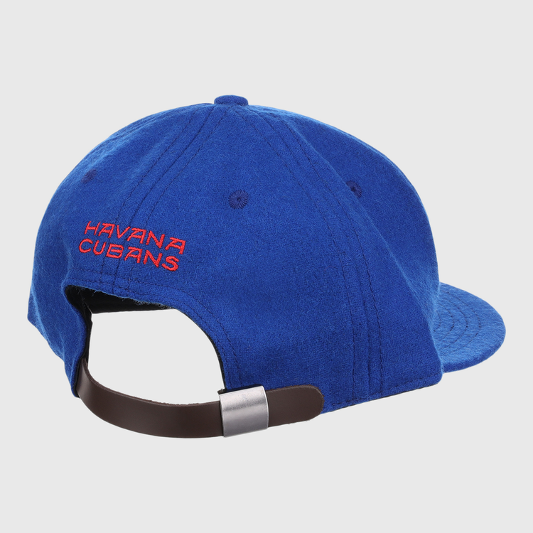 The EFF Havana Cubans Letterhead Wool Vintage Ballcap is shown from the back, featuring red HAVANA CUBANS embroidery above an adjustable brown strap with a metal clasp.