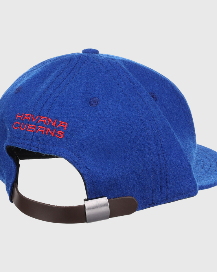 The EFF Havana Cubans Letterhead Wool Vintage Ballcap is shown from the back, featuring red HAVANA CUBANS embroidery above an adjustable brown strap with a metal clasp.