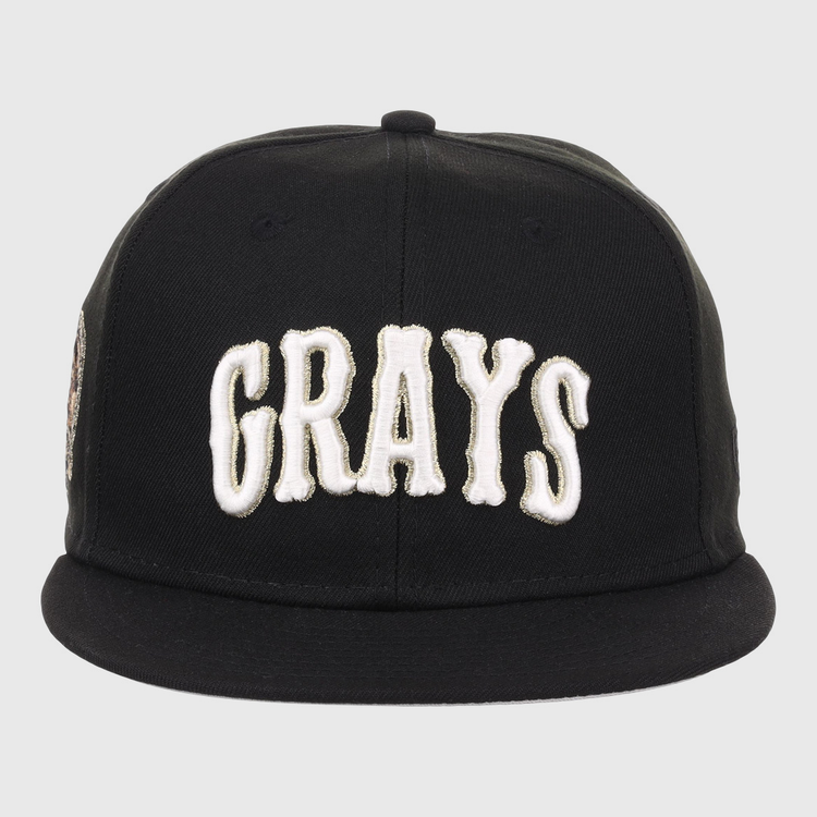 The EFF Homestead Grays Josh Gibson Fitted Ballcap in black features bold white embroidered GRAYS lettering on the front, inspired by the classic Negro Leagues design.