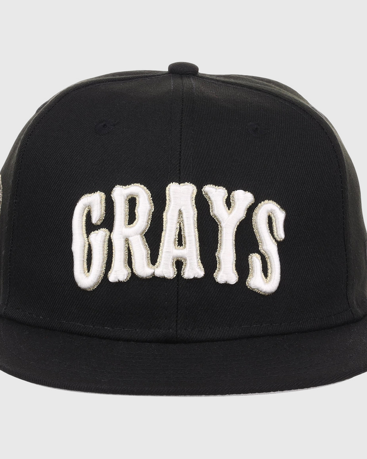 The EFF Homestead Grays Josh Gibson Fitted Ballcap in black features bold white embroidered GRAYS lettering on the front, inspired by the classic Negro Leagues design.