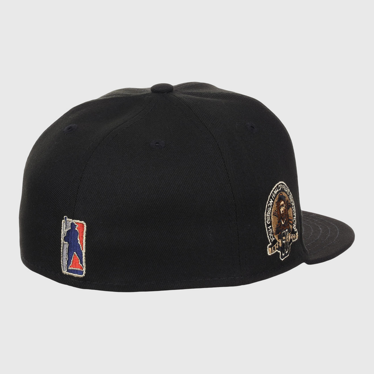 The EFF Homestead Grays Josh Gibson Fitted Ballcap in black is shown from an angled rear view, featuring a multicolor embroidered back logo and a lion patch with text on the left side, inspired by classic Negro Leagues cap designs.