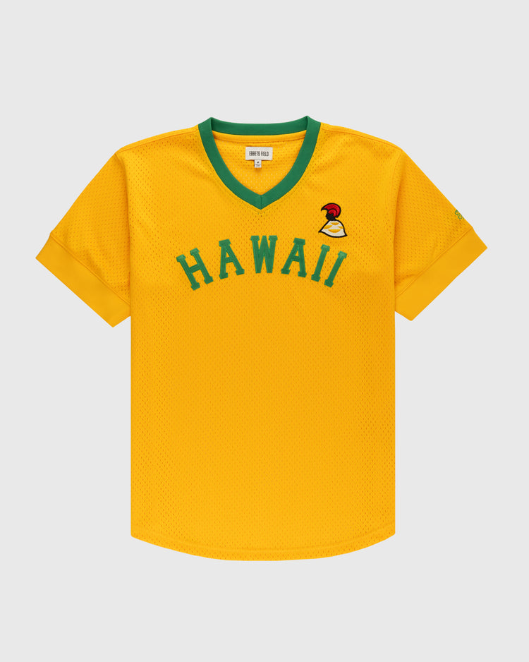 The Ebbets Field Hawaii Islanders (PCL) Mesh V-Neck Jersey features yellow mesh, green-trimmed collar, HAWAII in green across the chest, and a helmet logo above—a classic throwback baseball style.