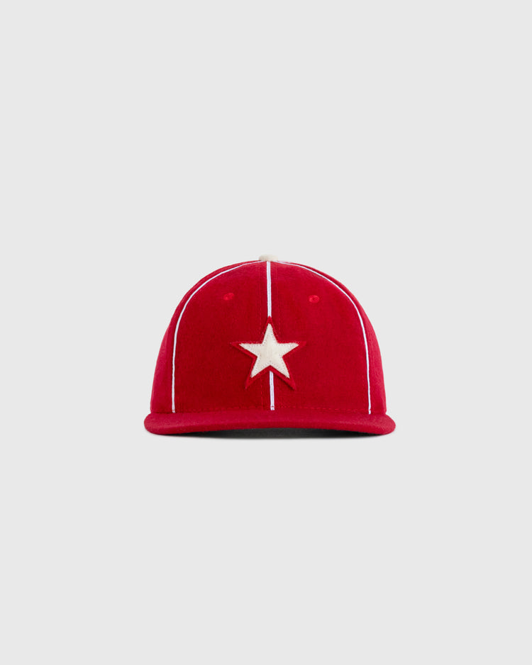 The EFF Hollywood Stars 1940 Authentic Wool Ballcap features red wool, vertical white piping, and a white star emblem, faithfully reproducing the Pacific Coast League classic against a plain light gray background.