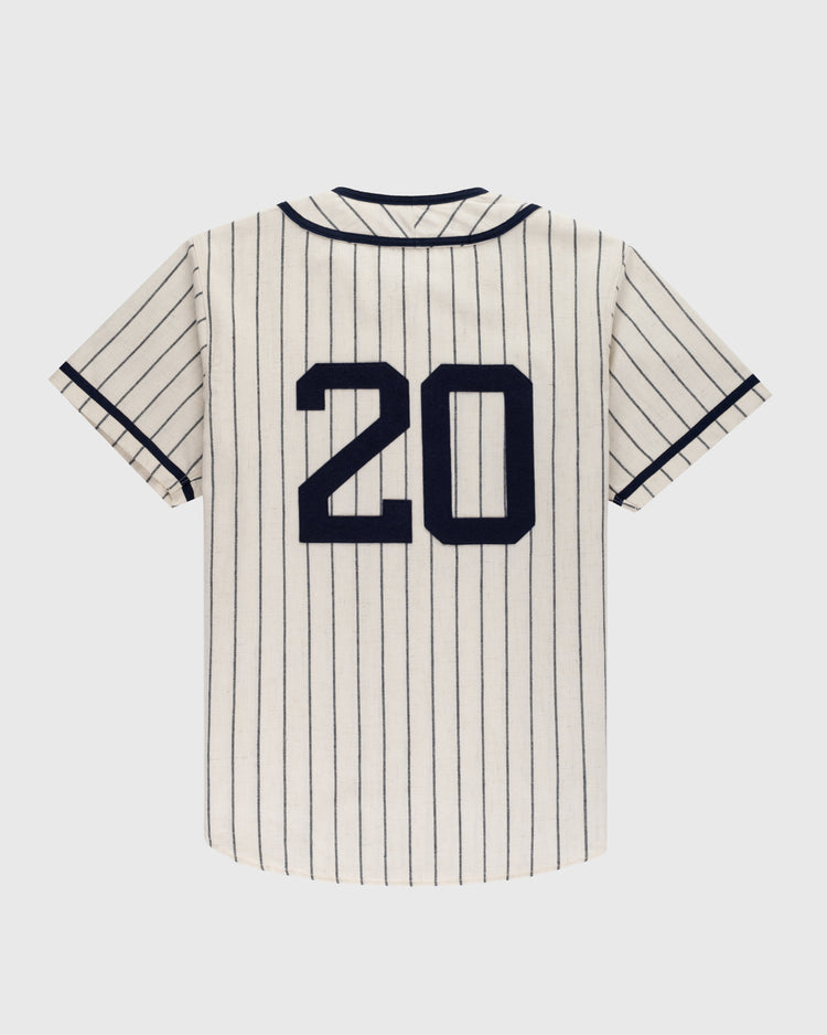 The Ebbets Field Flannels Homestead Grays 1939 Authentic Wool Home Baseball Jersey features cream wool with navy pinstripes, short sleeves, navy trim, and bold number 20 on the back—replicating the classic style of the 1939 Grays.
