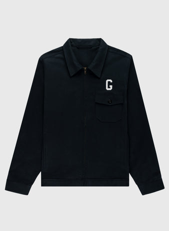 The Ebbets Field Flannels Homestead Grays Cotton Grounds Crew Jacket features black cotton twill, a front zipper, buttoned chest pocket, and a white G patch on the left chest, set against a plain light gray background.