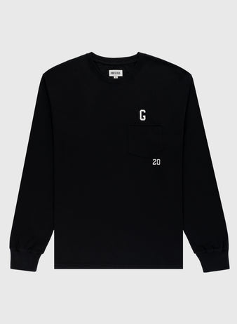 The Ebbets Field Flannels Homestead Grays Embroidered G Long Sleeve Pocket Tee is a black shirt with ribbed cuffs, crew neck, and chest pocket, featuring a white G above and 20 below as a tribute to Josh Gibson and the Homestead Grays.