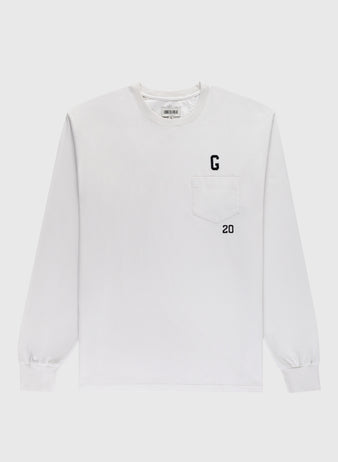 The Ebbets Field Flannels Homestead Grays Embroidered G Long Sleeve Pocket Tee is a white long-sleeve tee with a chest pocket, featuring a black G above and the number 20 below the pocket—honoring Josh Gibson.