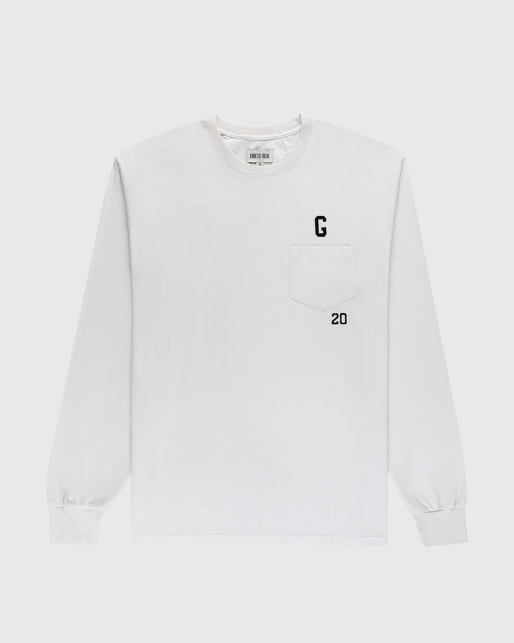 The Ebbets Field Flannels Homestead Grays Embroidered G Long Sleeve Pocket Tee is a white long-sleeve tee with a chest pocket, featuring a black G above and the number 20 below the pocket—honoring Josh Gibson.