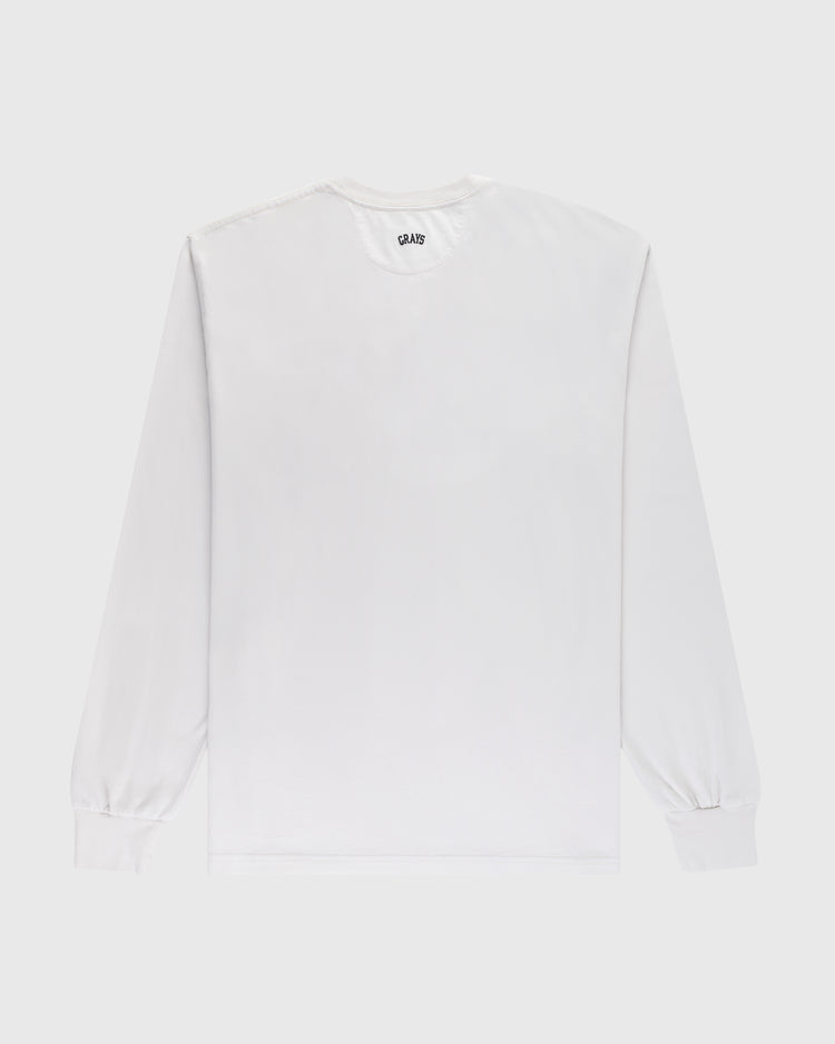 The Homestead Grays Embroidered G Long Sleeve Pocket Tee by Ebbets Field Flannels features a plain white design with ribbed cuffs and crew neckline—ideal for Negro Leagues Baseball Museum fans and admirers of the legendary Josh Gibson.