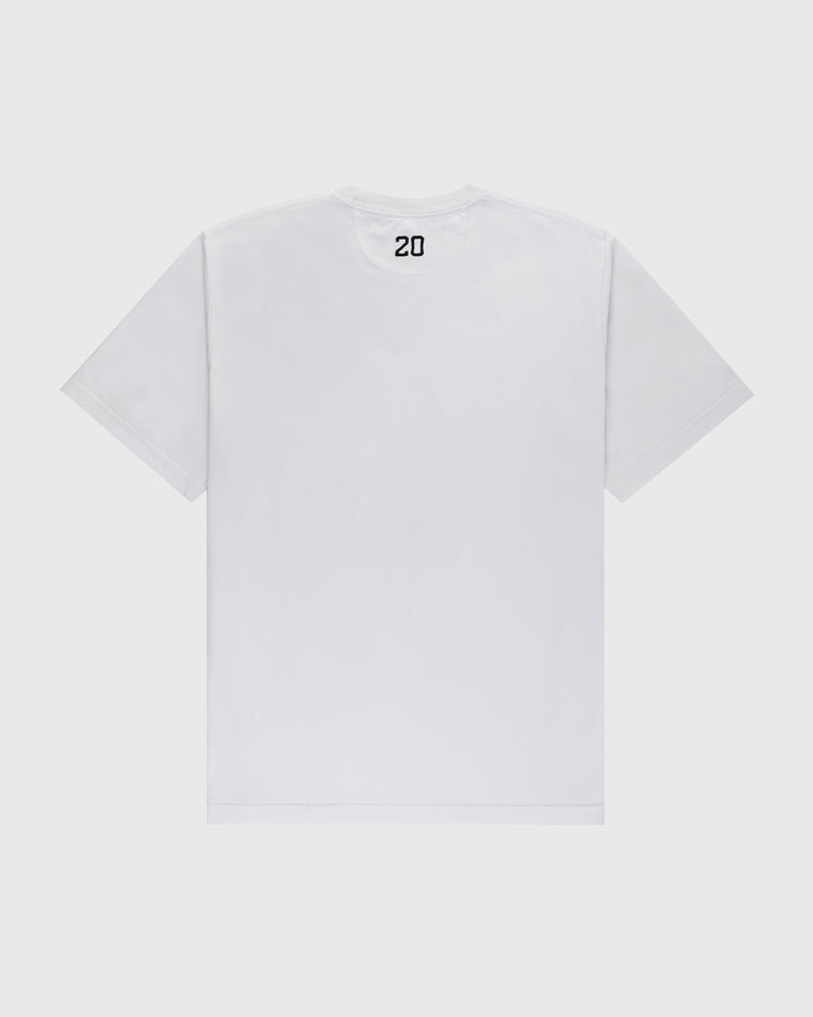 The Ebbets Field Flannels Homestead Grays Embroidered G Short Sleeve Tee features a plain white design, shown from the back with the number 20 in black at the top, honoring Josh Gibson and celebrated by the Negro Leagues Baseball Museum.