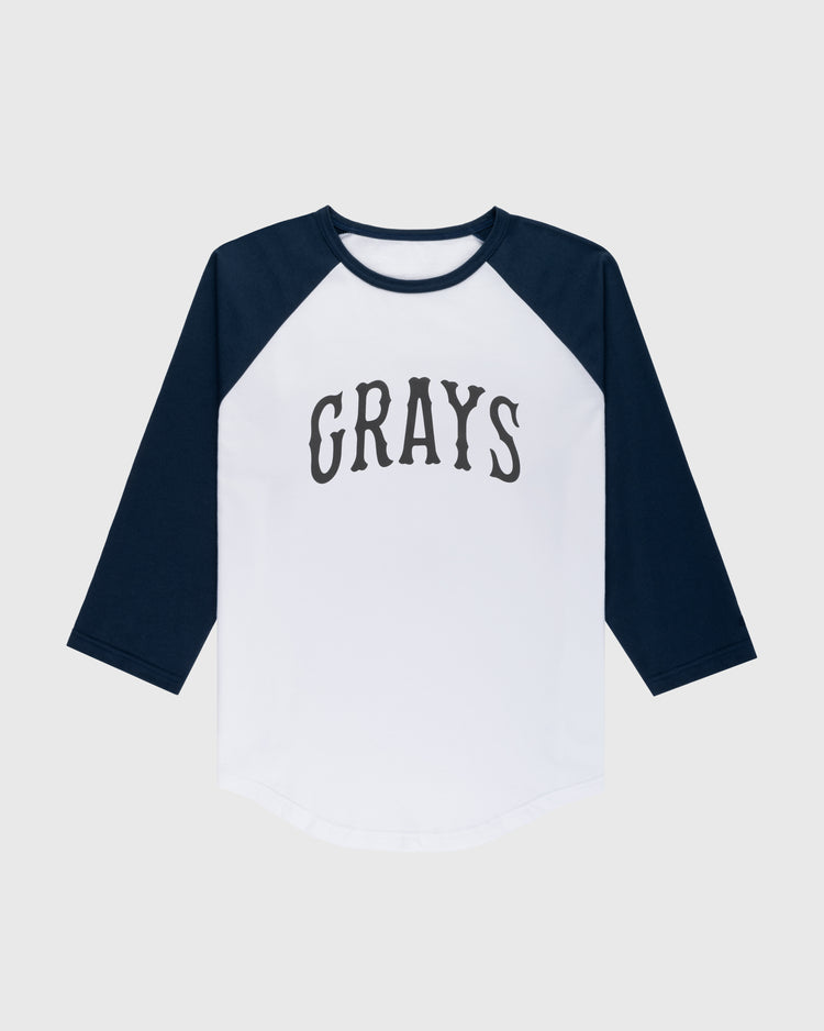 The Homestead Grays Vintage Baseball Tee by Ebbets Field Flannels features dark blue three-quarter sleeves, a white body, and bold black “GRAYS” lettering—a classic style honoring Negro Leagues history.