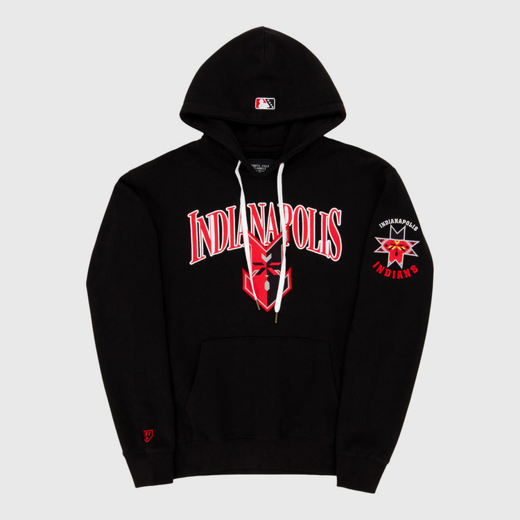 The Ebbets Field Indianapolis Indians MiLB Cotton Hooded Sweatshirt features “Indianapolis” in bold red and white letters on the chest, a star graphic below, and a logo with a red face and team name on the left sleeve.
