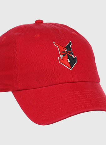 The Ebbets Field Indianapolis Indians MiLB Dad Ballcap is a red cap with an embroidered black and red stylized V logo on the front.