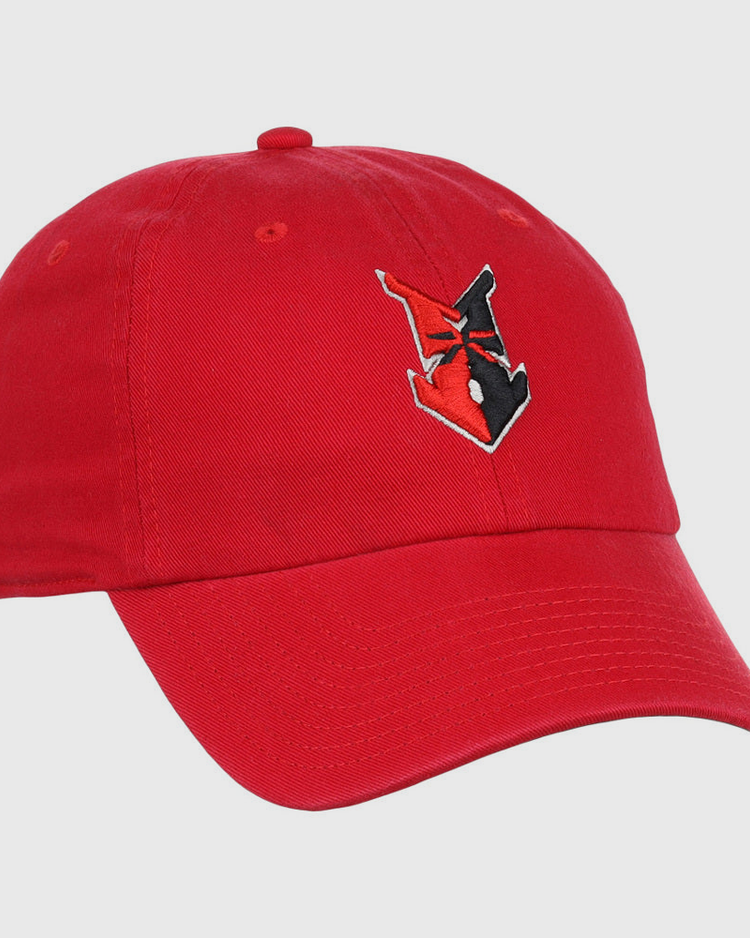 The Ebbets Field Indianapolis Indians MiLB Dad Ballcap is a red cap with an embroidered black and red stylized V logo on the front.