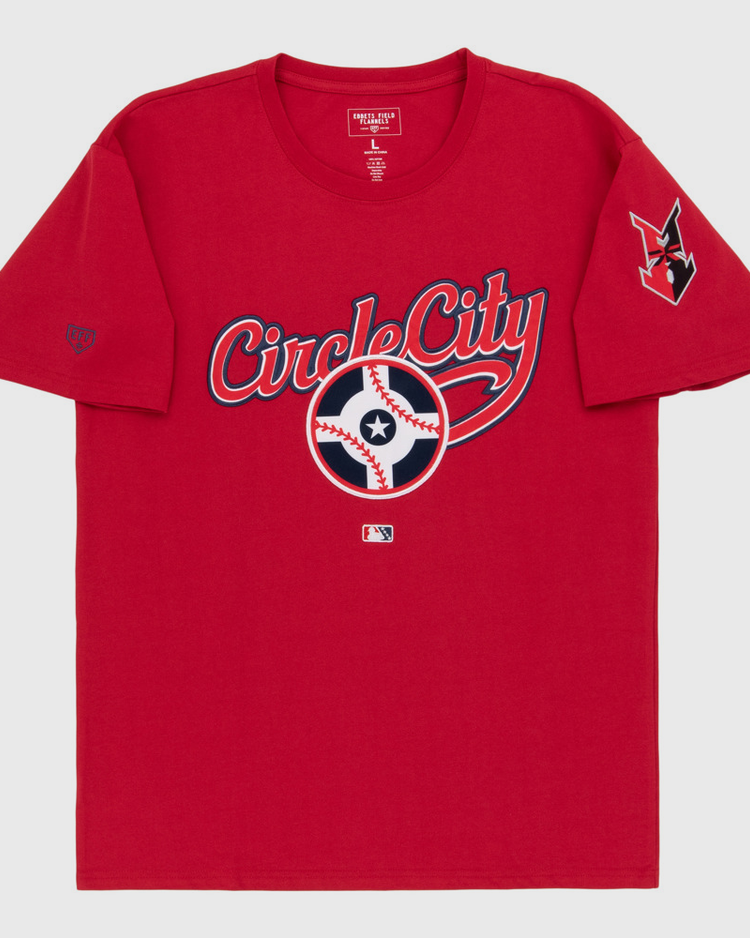 The Ebbets Field Indianapolis Indians MiLB Fashion Cotton Short Sleeve Tee is red with 