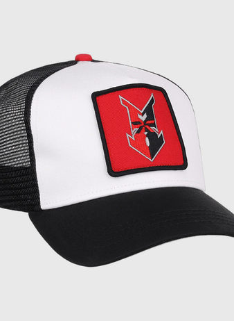 The Ebbets Field Indianapolis Indians MiLB Trucker Ballcap features a black mesh back, curved black brim, and a red and black embroidered angular animal face patch on the front in classic black and white colors.