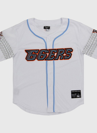 The Inland Empire 66Ers MiLB Button Down Jersey by Ebbets Field is a white jersey with light blue trim, bold orange and black 