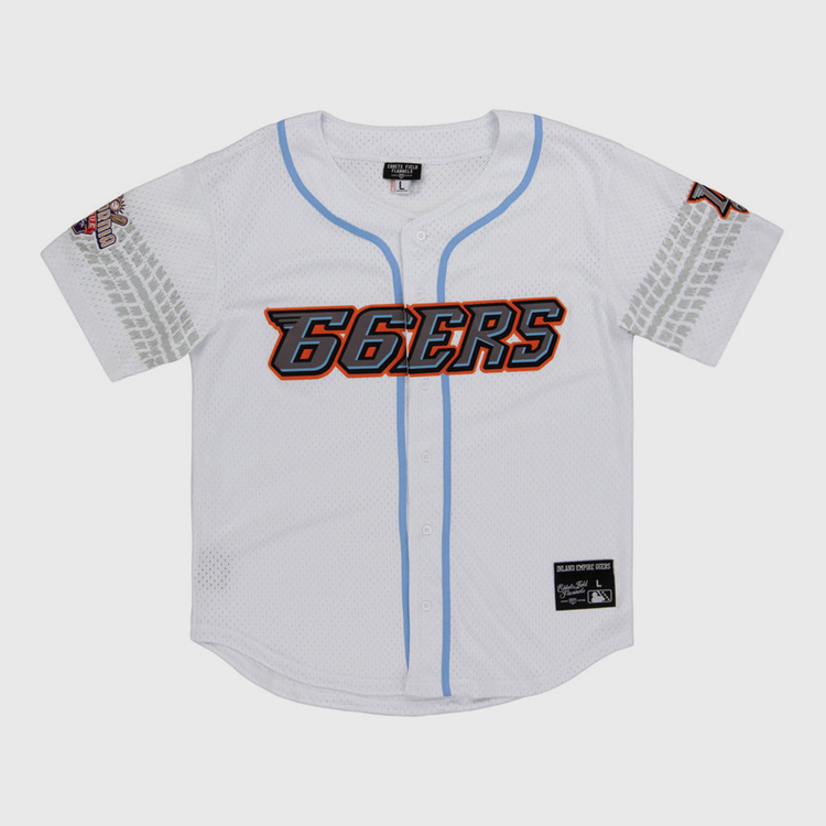 The Inland Empire 66Ers MiLB Button Down Jersey by Ebbets Field is a white jersey with light blue trim, bold orange and black 