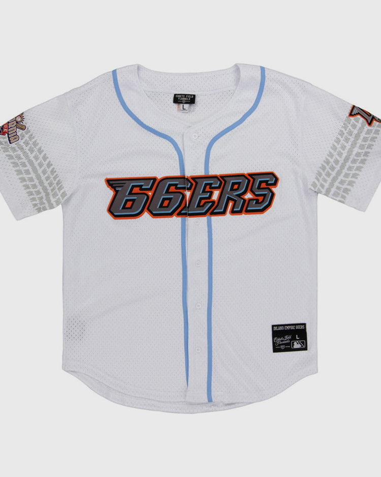 The Inland Empire 66Ers MiLB Button Down Jersey by Ebbets Field is a white jersey with light blue trim, bold orange and black 