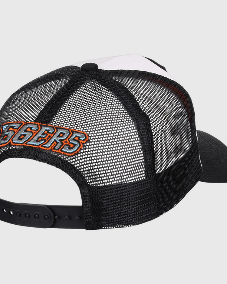 The Ebbets Field Inland Empire 66ERS MiLB Trucker Ballcap features a white front panel, black mesh back with snapback closure, curved brim, and 
