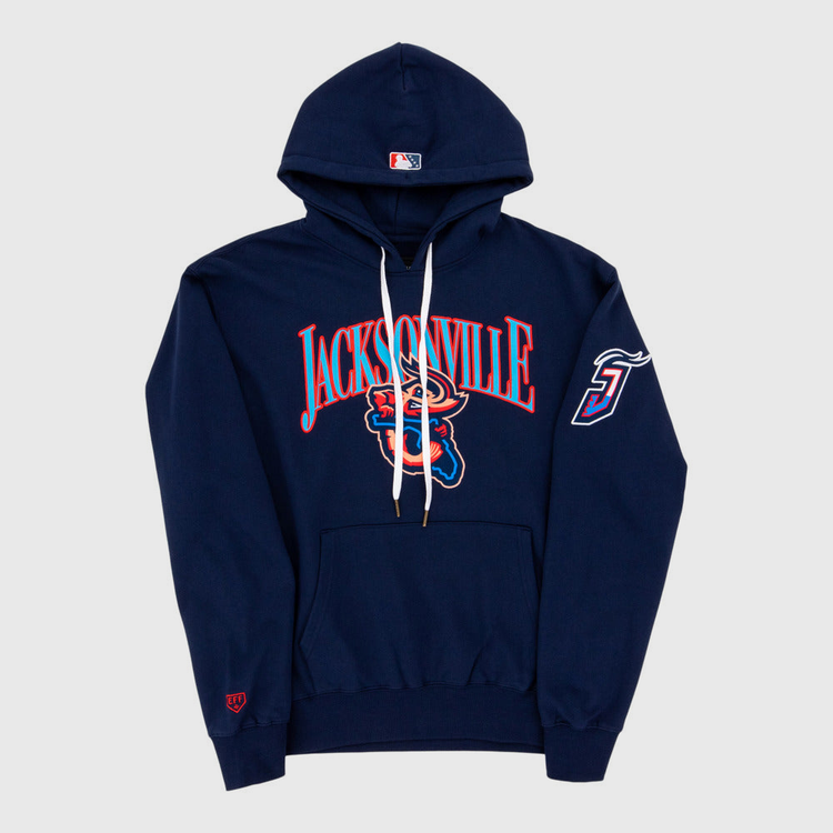Ebbets Field Jacksonville Jumbo Shrimp MiLB Cotton Hooded Sweatshirt in navy features Jacksonville text, a bear mascot graphic on the front, a number 31 with tail on the left sleeve, white drawstrings, and a front pouch pocket.