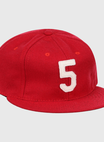 The Johnny Bench Signature Series Ballcap by Ebbets Field Flannels is a vintage red wool cap featuring a white number 5 on the front, inspired by the Hall of Fame catchers iconic style.