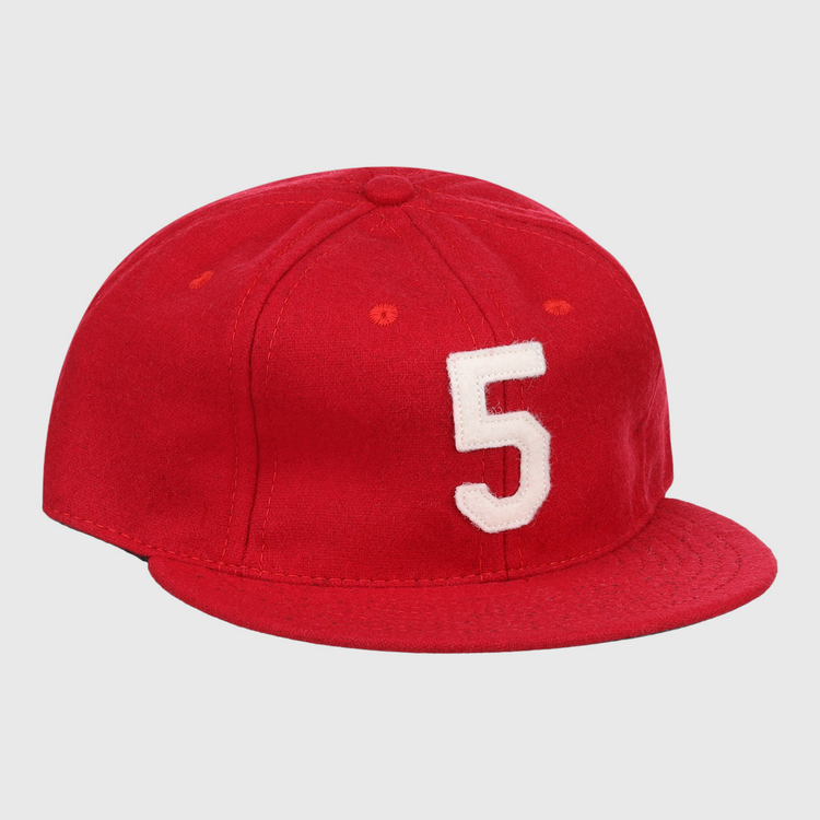The Johnny Bench Signature Series Ballcap by Ebbets Field Flannels is a vintage red wool cap featuring a white number 5 on the front, inspired by the Hall of Fame catchers iconic style.
