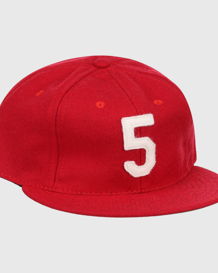 The Johnny Bench Signature Series Ballcap by Ebbets Field Flannels is a vintage red wool cap featuring a white number 5 on the front, inspired by the Hall of Fame catchers iconic style.