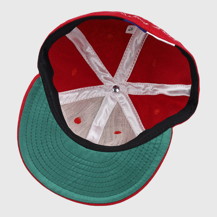 The underside of the Johnny Bench Signature Series Ballcap by Ebbets Field Flannels features a green brim, interior stitching, white support bands, and a metal center button—evoking classic ballcaps of legendary Hall of Fame players.