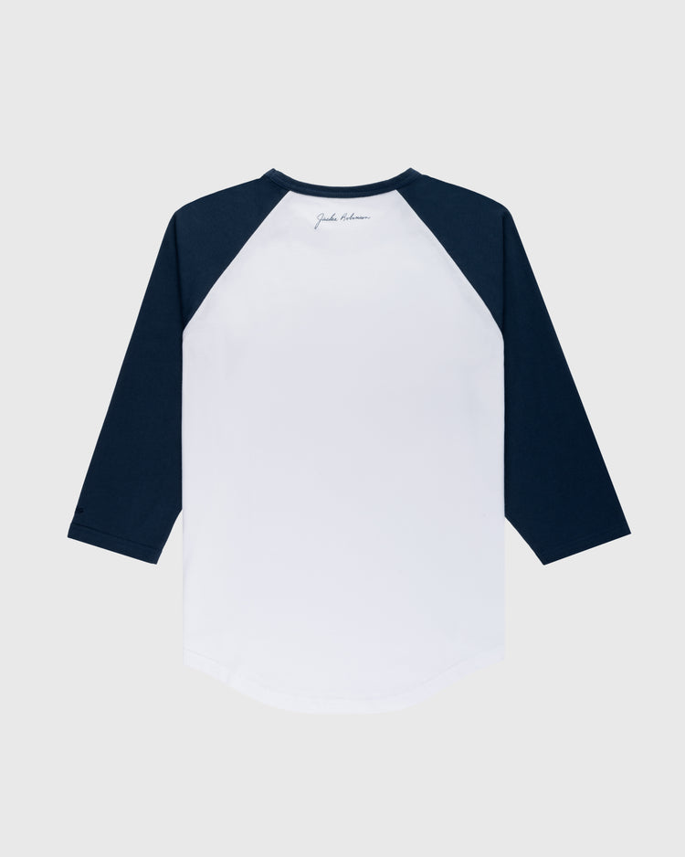 The Ebbets Field Jackie Robinson 42 Vintage Baseball Tee features navy blue raglan sleeves on a white shirt, displayed from the back against a plain light gray background.