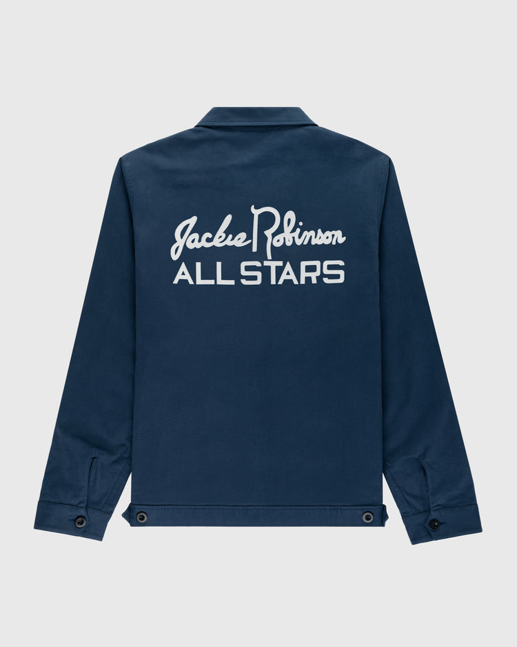 The Ebbets Field Jackie Robinson Cotton Grounds Crew Jacket features a navy blue design with Jackie Robinson ALL STARS in bold white on the back, plus a collar, long sleeves, and button details at the hem.