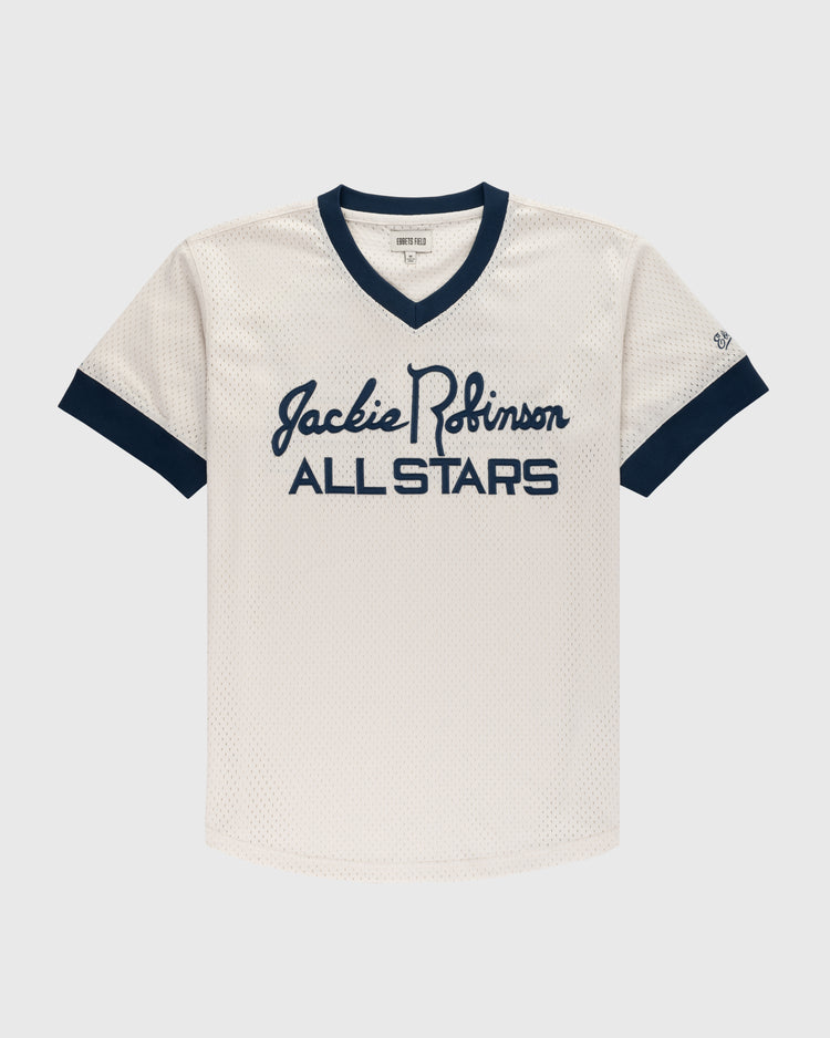 The Ebbets Field Jackie Robinson Mesh V-Neck Jersey is a white short-sleeve sports top with navy trim. Jackie Robinson ALL STARS appears on the front in navy script and block letters.