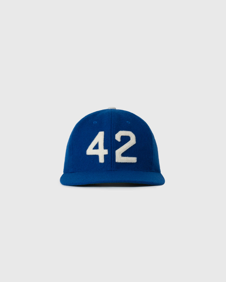 The EFF Jackie Robinson Day Commemorative Wool Ballcap features bold white 42 numerals on blue wool, shown against a plain light gray background.