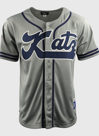 The EFF Kansas City Katz DNA Replica Button-Up Mesh Jersey features gray fabric with navy accents, Katz in large script on the front—a tribute to Katz Drugstore and the Ban Johnson Baseball League. It has front buttons and short sleeves.