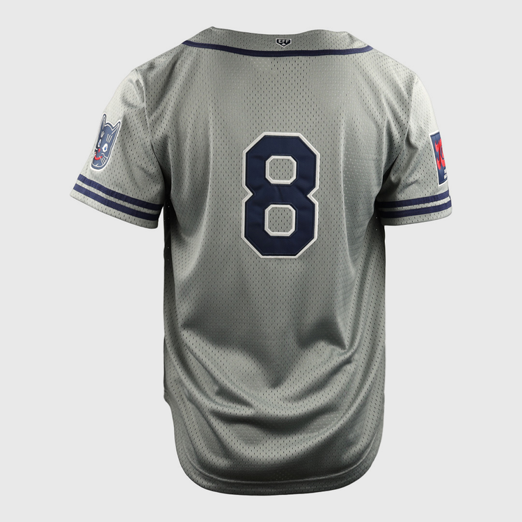 Show your Kansas City pride with the EFF Kansas City Katz DNA Replica Button-Up Mesh Jersey, featuring gray mesh, navy sleeve stripes, dark blue #8 on back, and authentic patches honoring the historic Ban Johnson Baseball League.