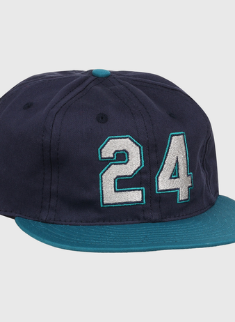 The Ebbets Field Flannels Ken Griffey Jr. 1995 Signature Series Ballcap is navy blue with a teal brim and button, and features the number 24 stitched in white and teal on the front.