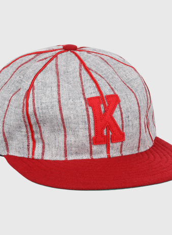 The EFF Knoxville Giants 1920 Vintage Ballcap features vintage wool, vertical red stripes, a red brim and button, and a bold red K on the front, inspired by the 1920 team’s classic style.