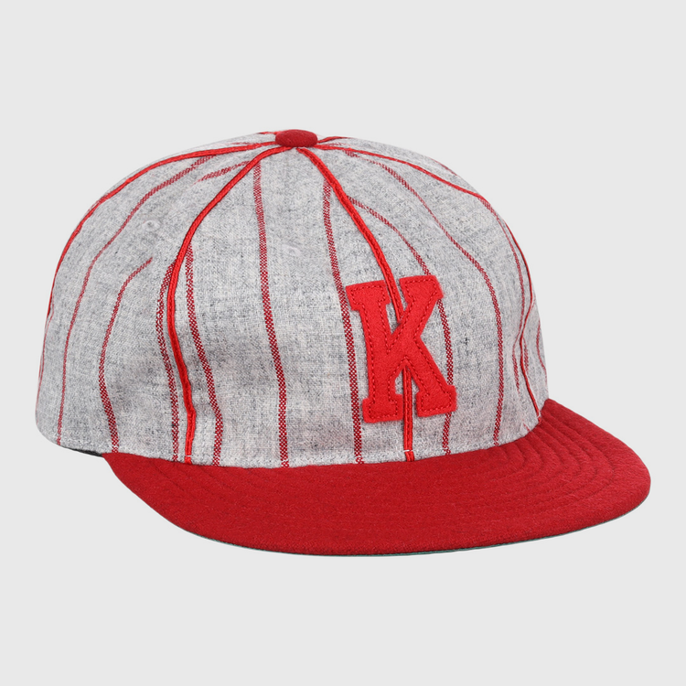 The EFF Knoxville Giants 1920 Vintage Ballcap features vintage wool, vertical red stripes, a red brim and button, and a bold red K on the front, inspired by the 1920 team’s classic style.
