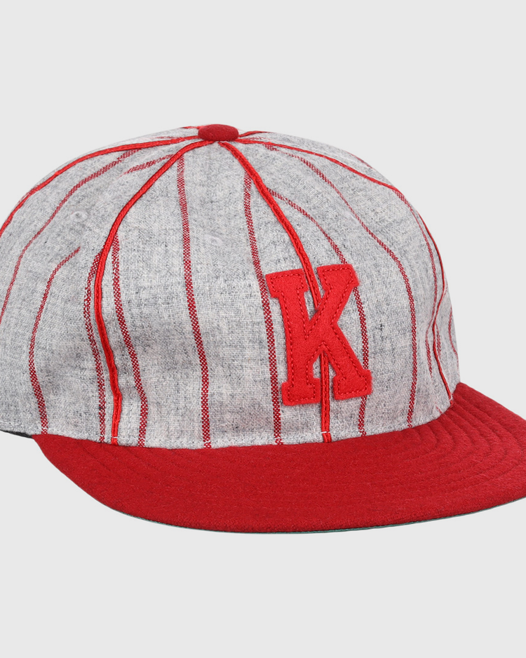 The EFF Knoxville Giants 1920 Vintage Ballcap features vintage wool, vertical red stripes, a red brim and button, and a bold red K on the front, inspired by the 1920 team’s classic style.