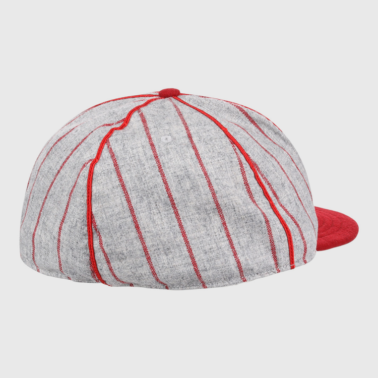The EFF Knoxville Giants 1920 Vintage Ballcap is a grey wool cap with red vertical stripes and a red brim, inspired by the original 1920 design, shown here from the back.
