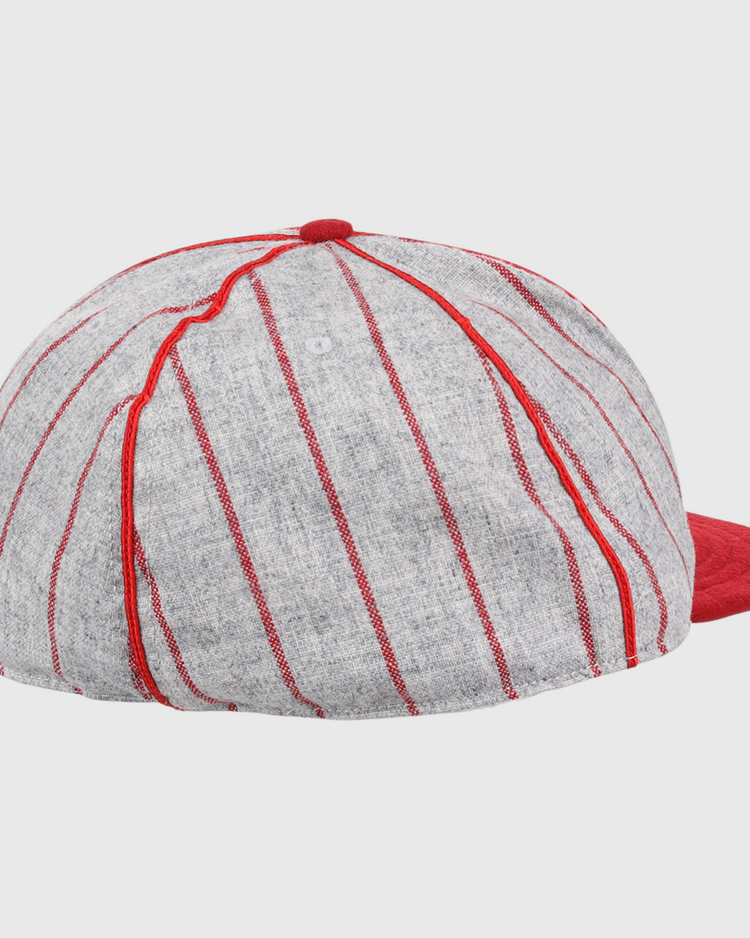 The EFF Knoxville Giants 1920 Vintage Ballcap is a grey wool cap with red vertical stripes and a red brim, inspired by the original 1920 design, shown here from the back.