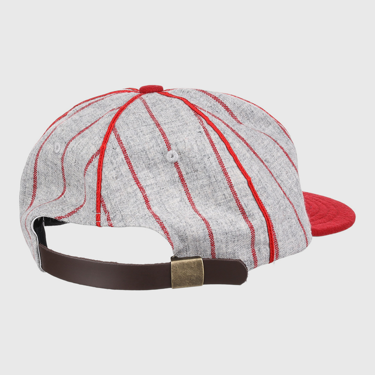 The EFF Knoxville Giants 1920 Vintage Ballcap features gray wool with red stripes, a red button and brim, plus a brown adjustable strap and brass buckle—classic Negro Southern League style.