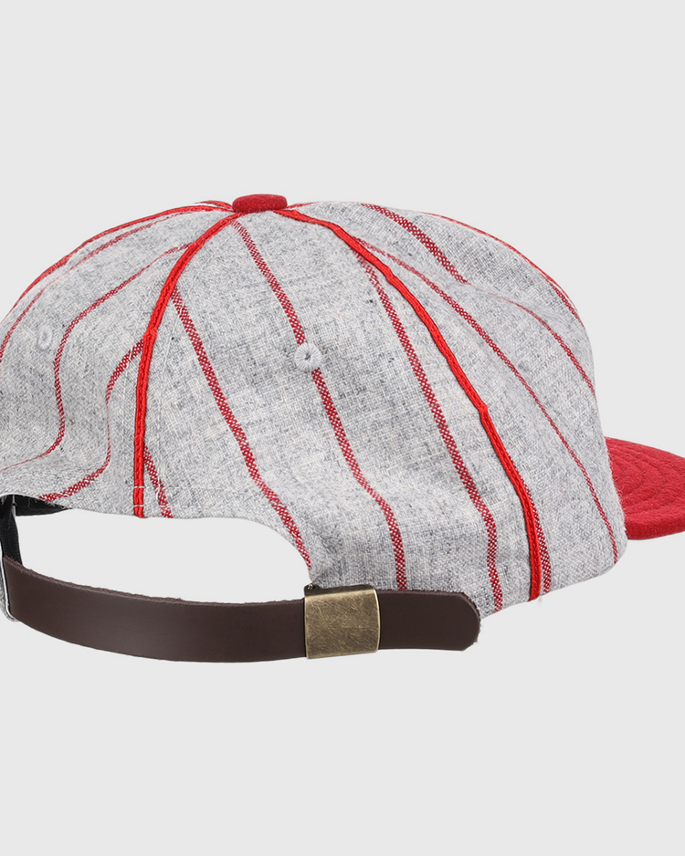 The EFF Knoxville Giants 1920 Vintage Ballcap features gray wool with red stripes, a red button and brim, plus a brown adjustable strap and brass buckle—classic Negro Southern League style.